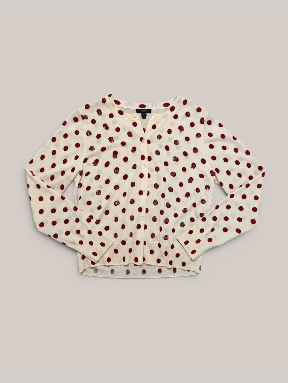 J. Crew Cream Cardigan with Burgundy Polka Dots